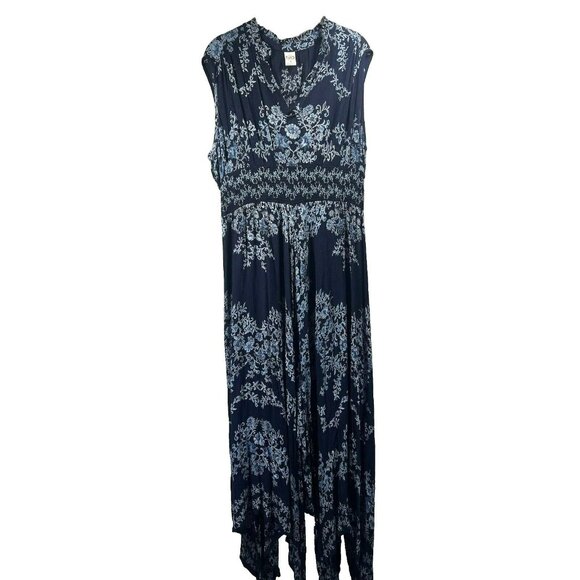 Bila Women's Maxi Dress Size Medium Blue Floral Sleeveless Boho Handkerchief Hem - Picture 2 of 9